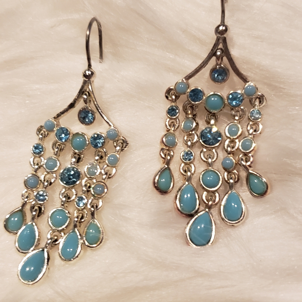 Turquoise stone and rhinestone chandelier earrings - Picture 3 of 4